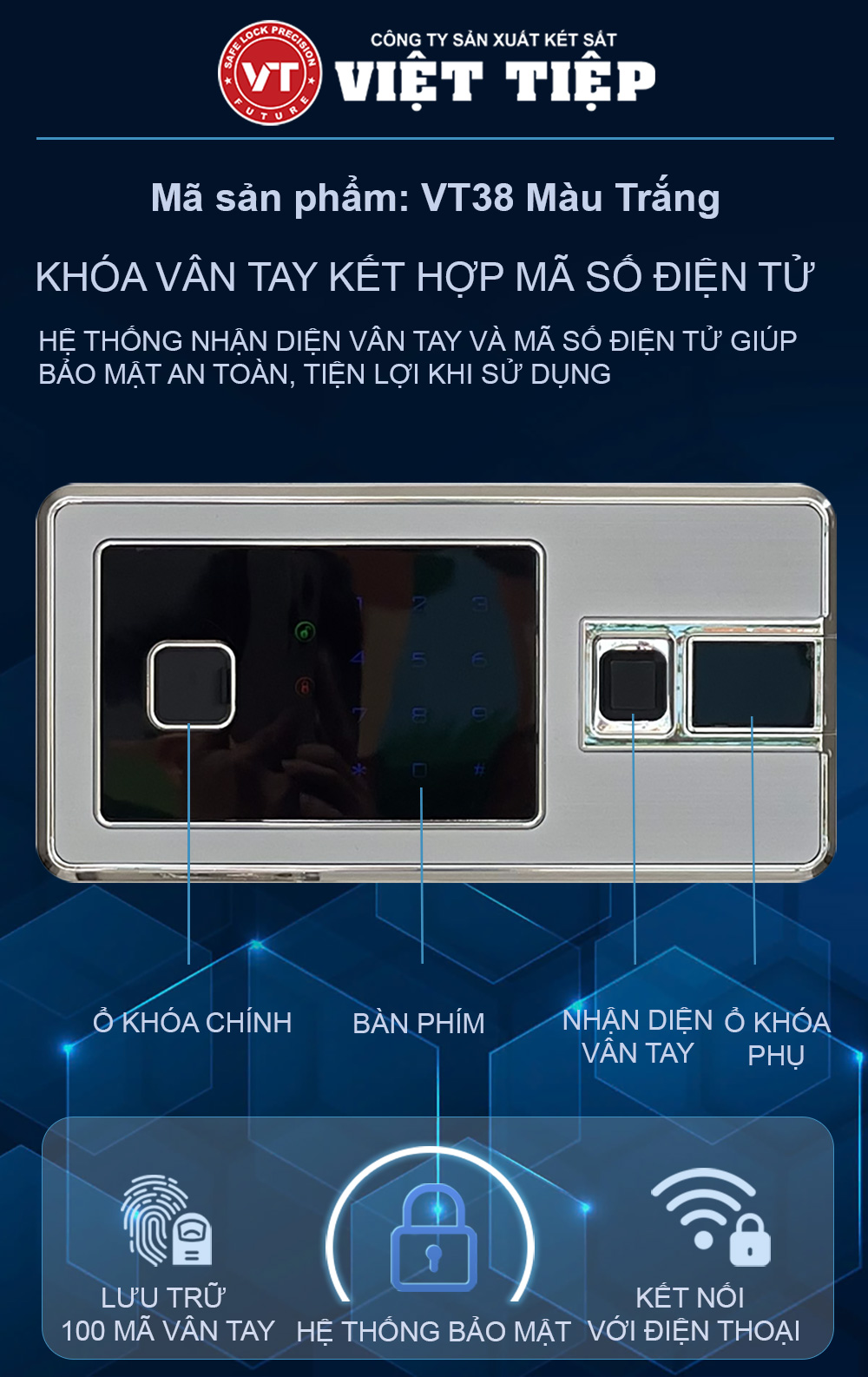 Khóa vân tay trên két sắt VT38 màu trắng Khóa vân tay trên két sắt VT38 màu trắng