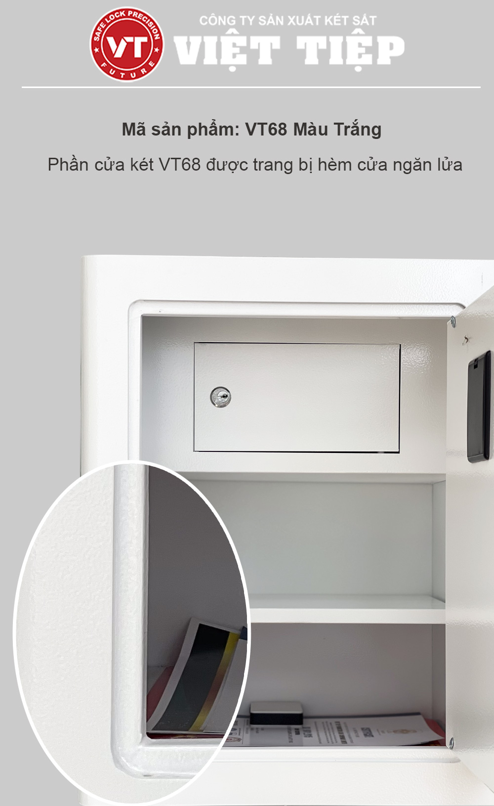 Hèm cửa ngăn lửa trên két VT68 màu trắng Hèm cửa ngăn lửa trên két VT68 màu trắng