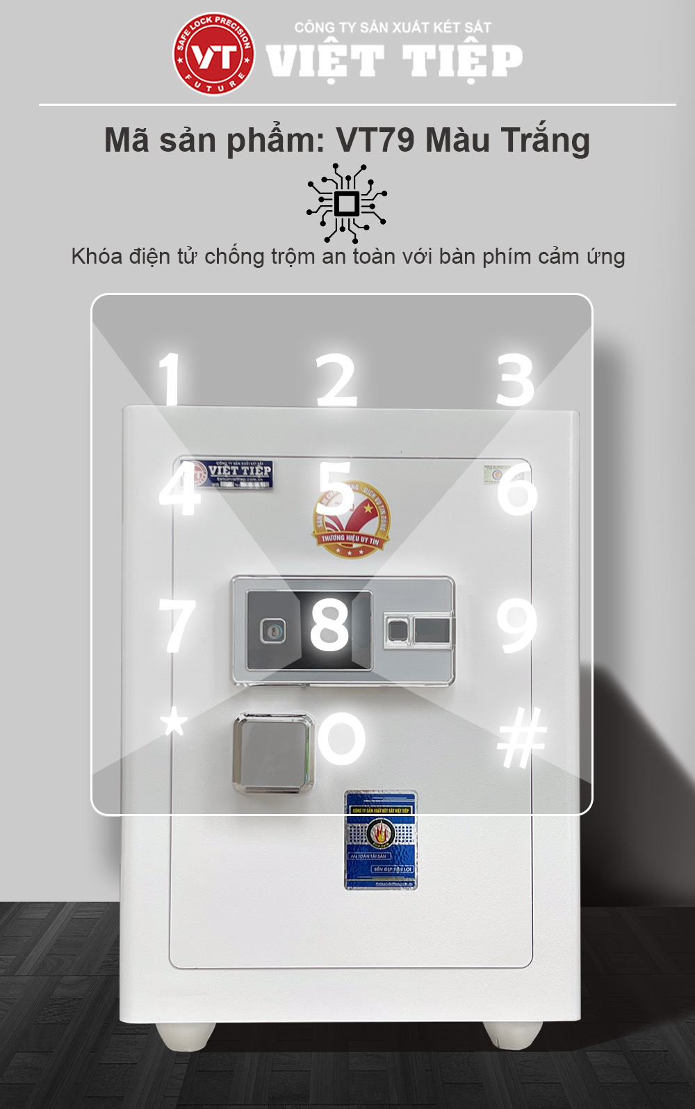Mã số điện tử cảm ứng của két VT79 màu trắng Mã số điện tử cảm ứng của két VT79 màu trắng