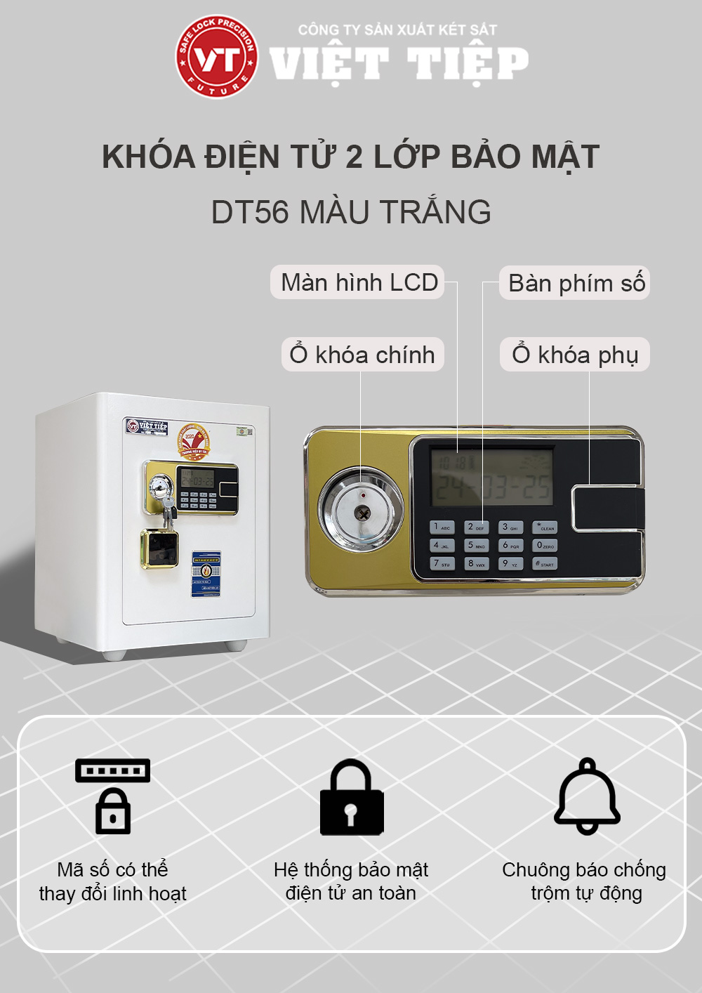 Két sắt DT56 màu trắng với khóa điện tử 2 lớp bảo mật Két sắt DT56 màu trắng với khóa điện tử 2 lớp bảo mật