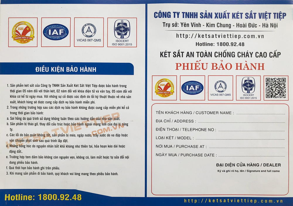 Phiếu bảo hành khi mua két sắt Việt Tiệp chính hãng Phiếu bảo hành khi mua két sắt Việt Tiệp chính hãng